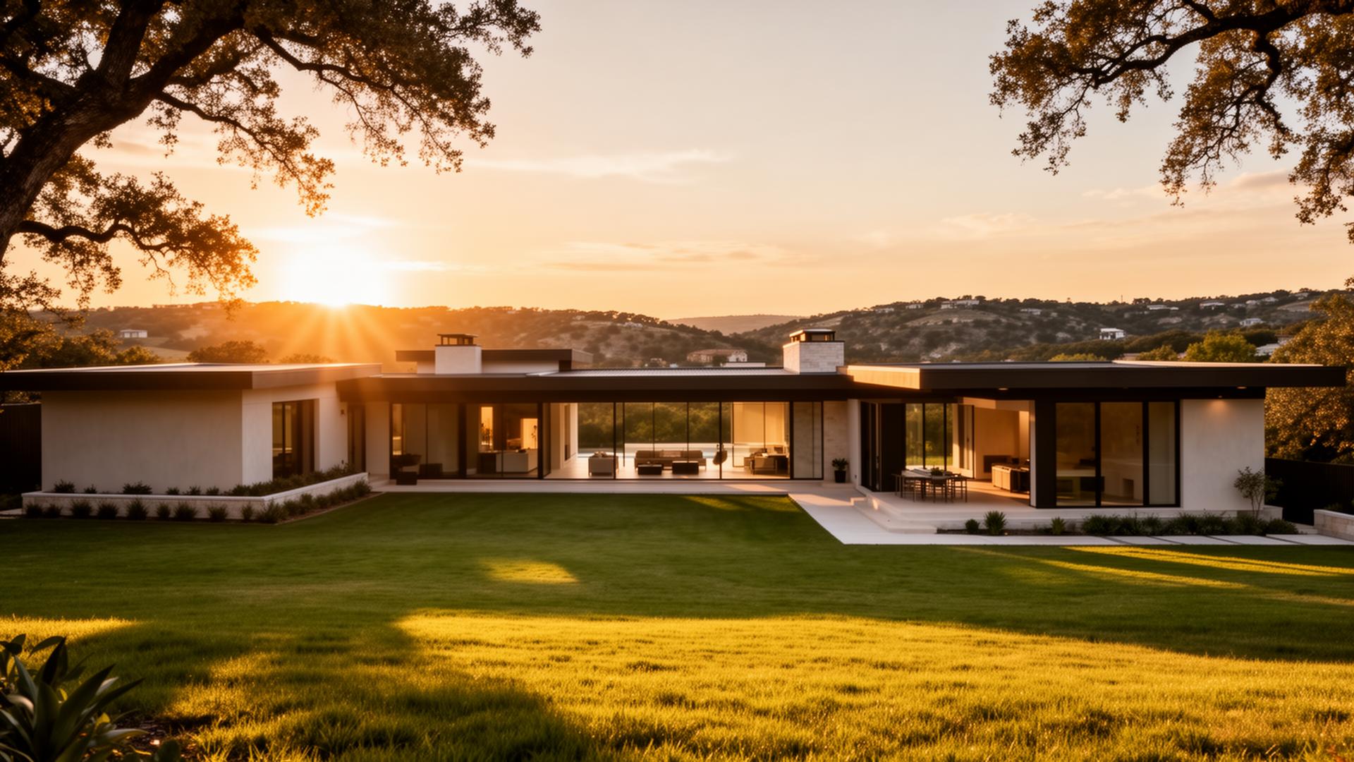 Modern Texas home at golden hour